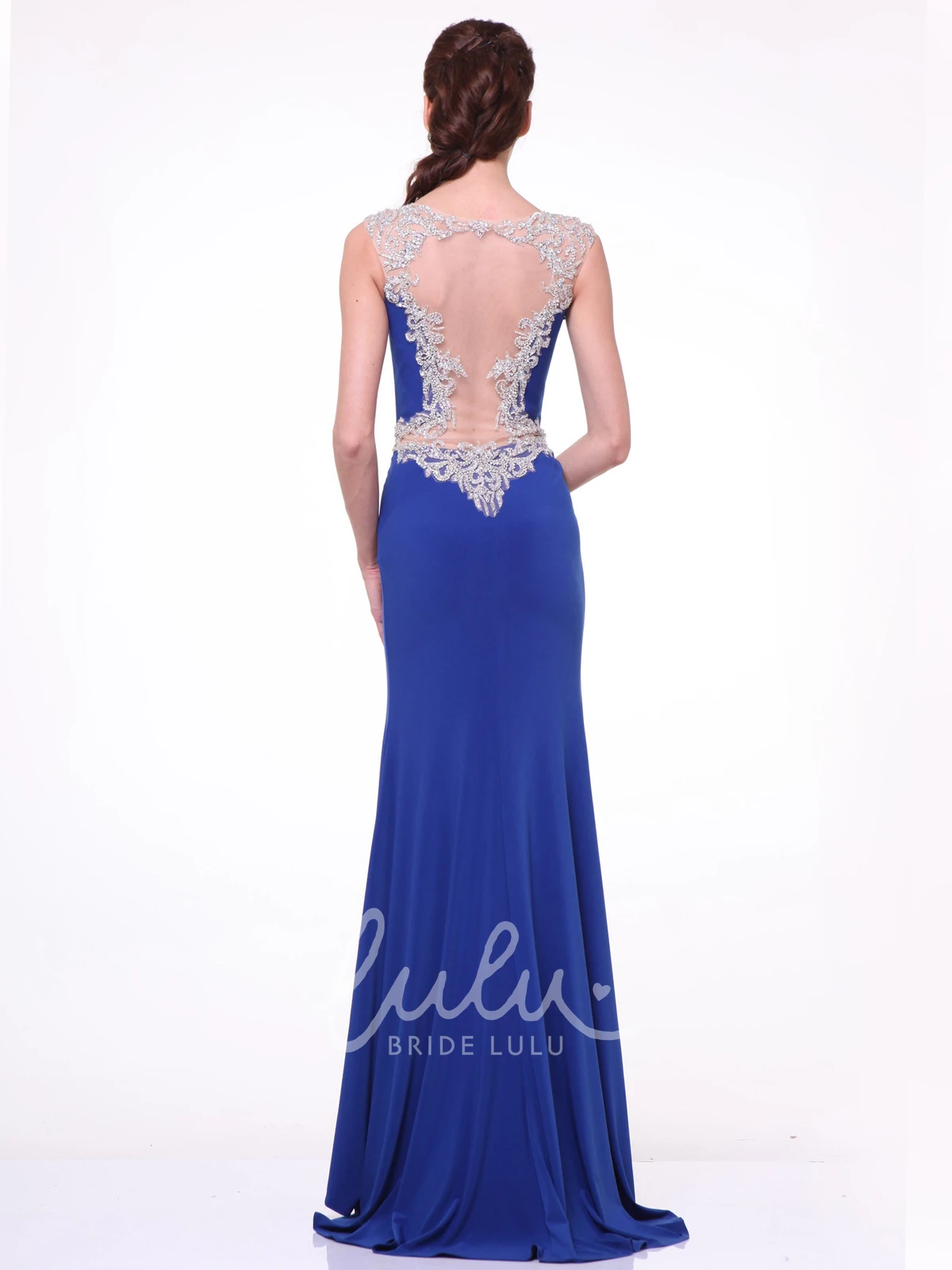 Bateau Cap-Sleeve Jersey Illusion Sheath Bridesmaid Dress with Beading and Split Front