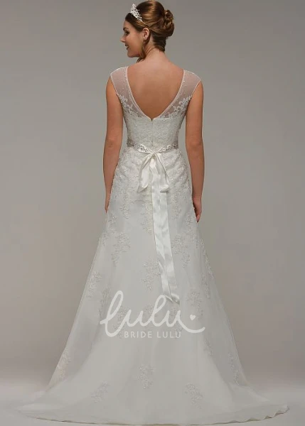 Cap-Sleeve Scoop-Neck Lace Wedding Dress with Jeweled Bow Unique Bridal Gown