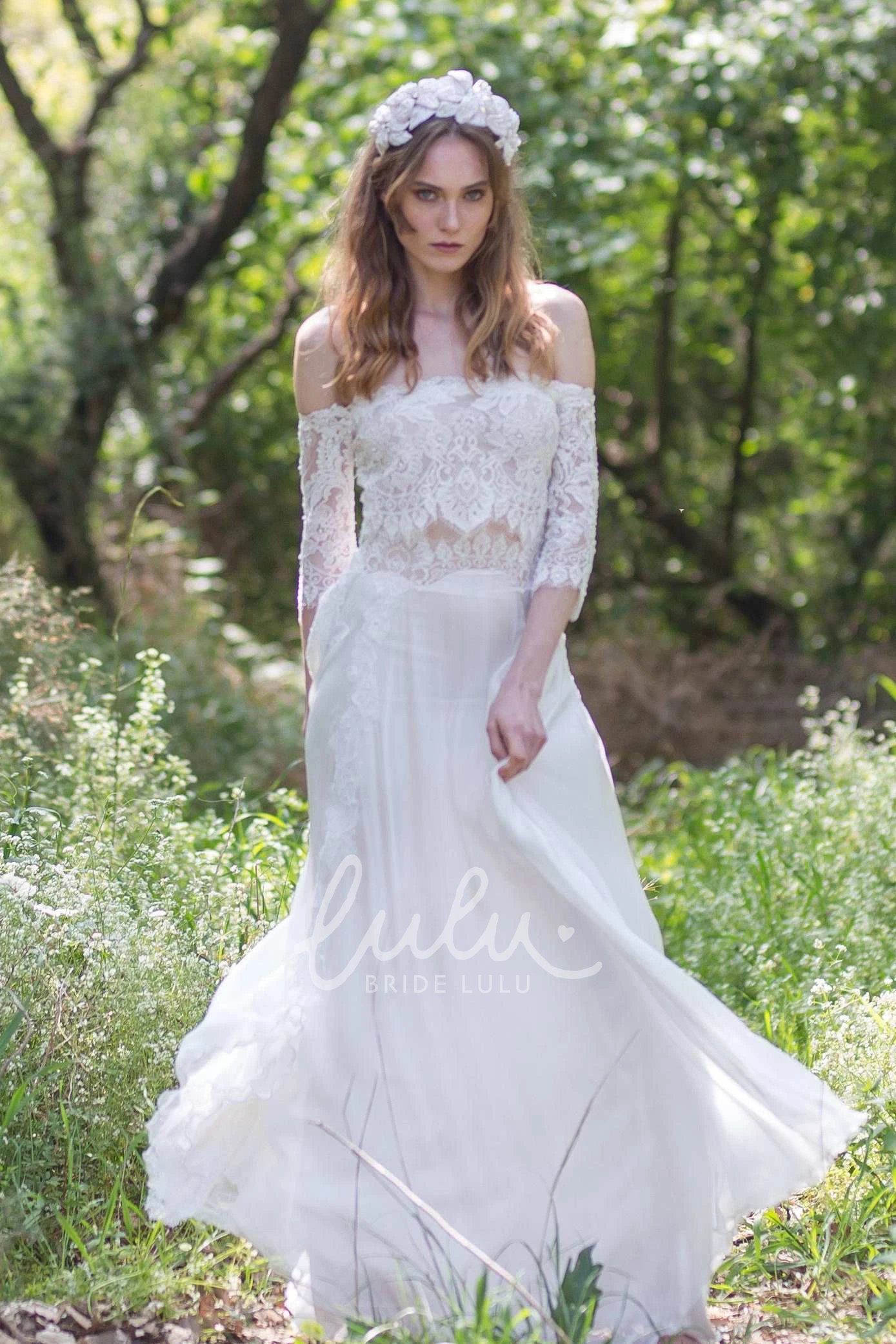 Boho Wedding Dress with Corset Back Off-the-Shoulder Lace Chiffon