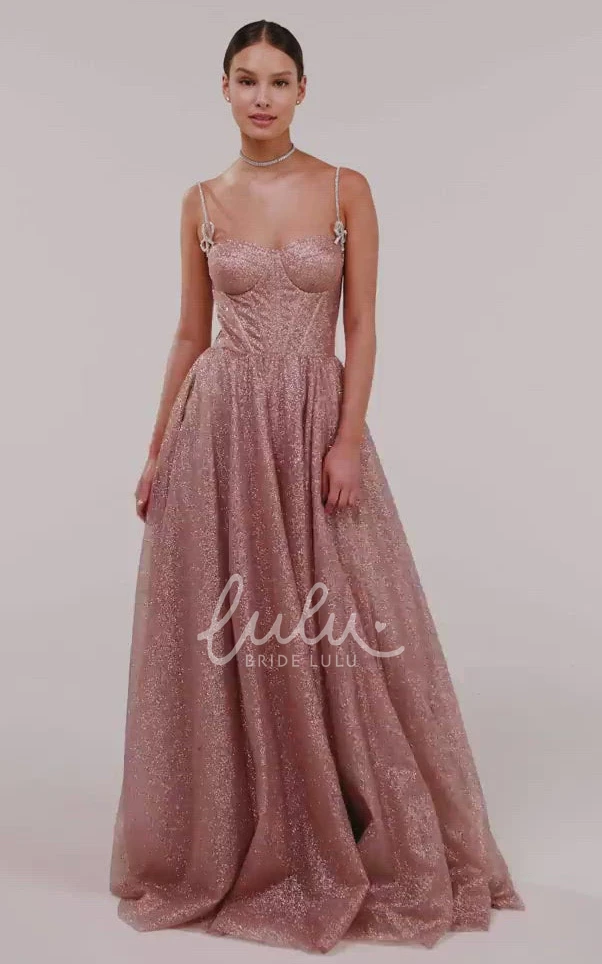 Romantic Sequins Spaghetti Formal Dress with Lace-up Back and Bow Women's Evening Gown