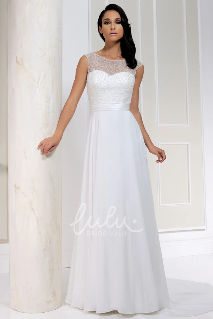 Chiffon Beaded Wedding Dress with Lace-Up Long Bateau