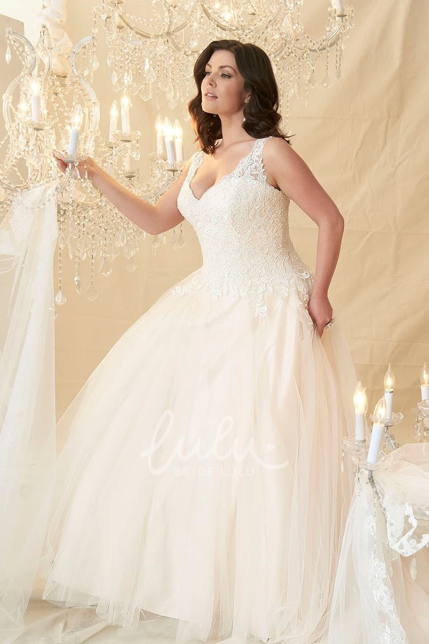 Ball Gown V-Neck Beaded Sleeveless Tulle&Lace Plus Size Wedding Dress Glamorous Ball Gown Wedding Dress