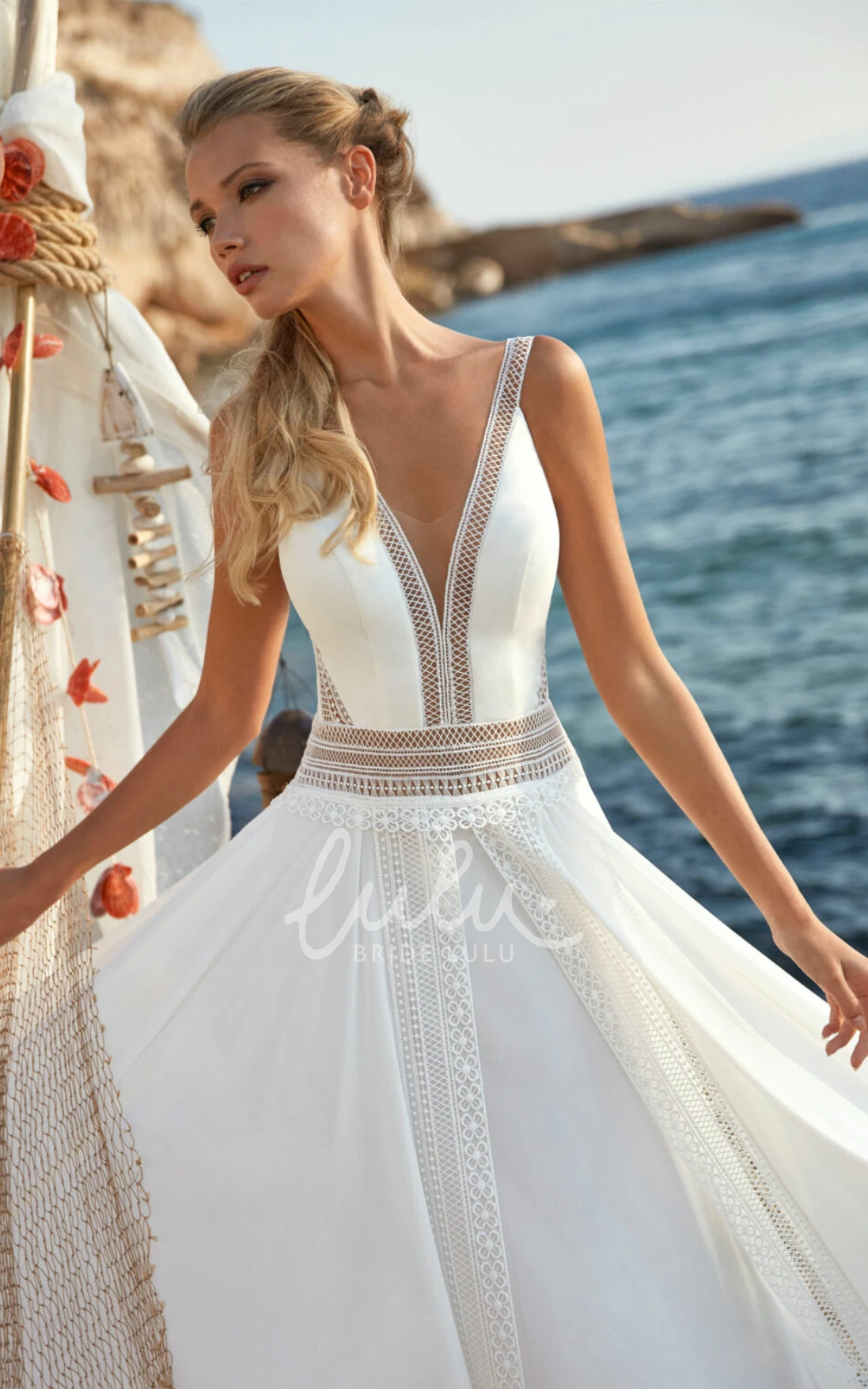 V-neck Chiffon Lace A-Line Wedding Dress with Open Back and Flowers Casual