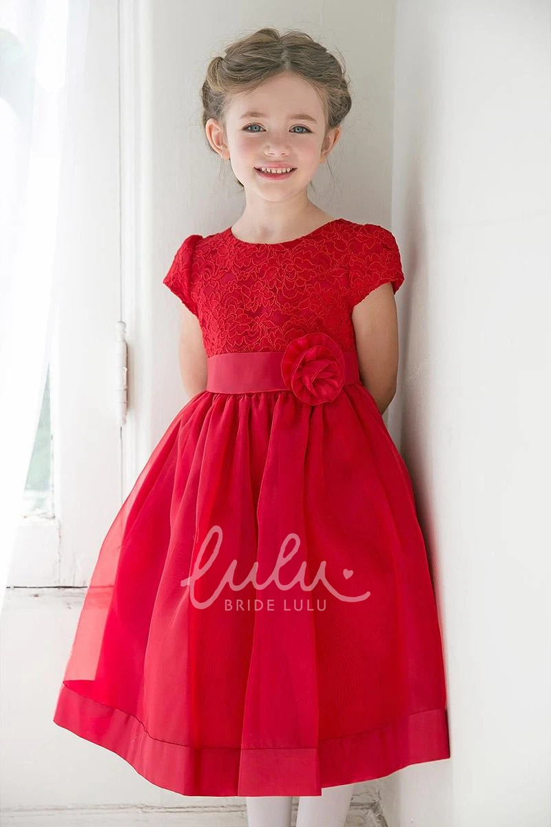 Floral Tea-Length Organza Flower Girl Dress with Ribbon Unique and Elegant