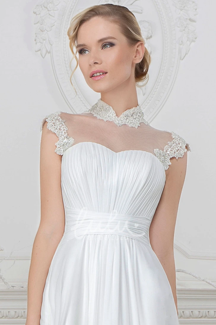 High-Neck Satin Wedding Dress with Cap Sleeves and A-Line Skirt Modern Wedding Dress