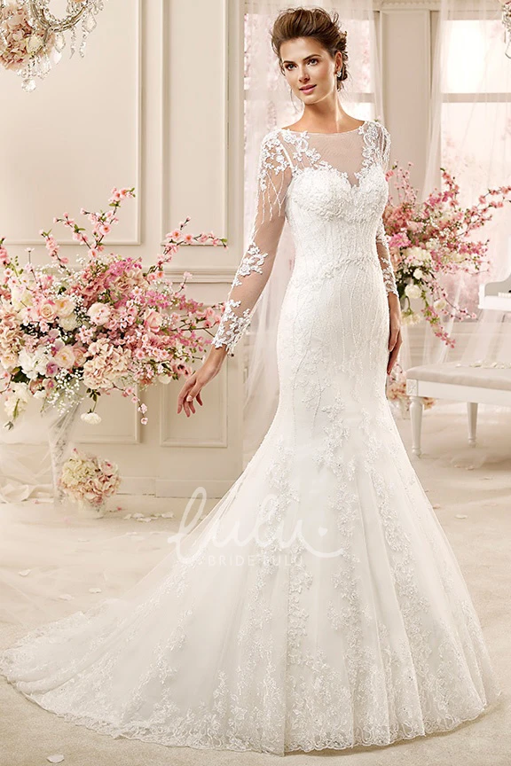 Illusive Design Long-Sleeve Mermaid Wedding Dress with Brush Train Elegant Women's Bridal Gown