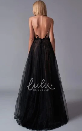 V-neck A Line Tulle Formal Dress with Brush Train and Ruching