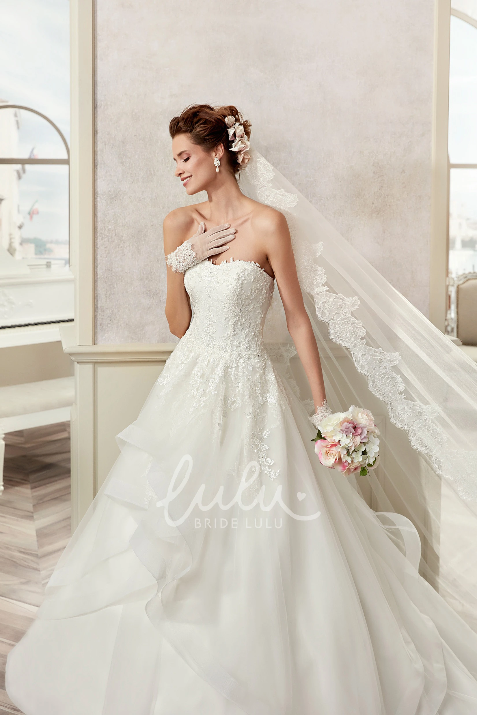 Asymmetrical Ruffles Strapless A-line Wedding Gown with Ruching and Appliques Chic Bridal Gown