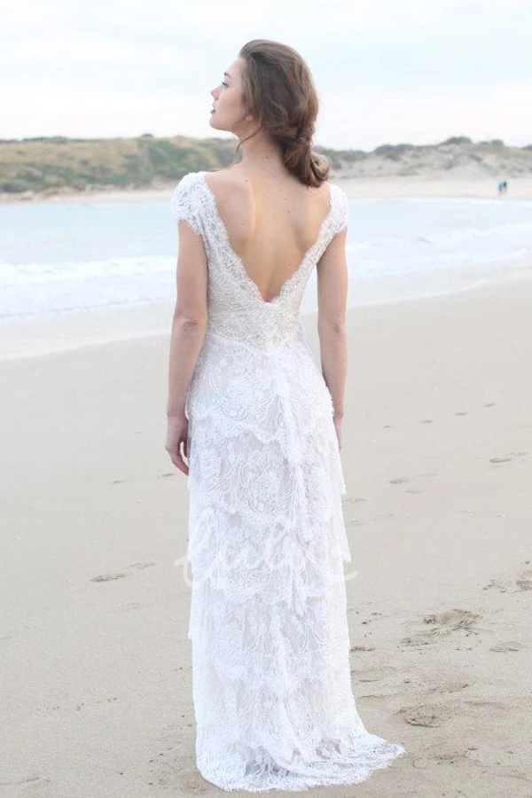 Boho Style Sheath Wedding Dress with Cap Sleeves and Tiered Skirt