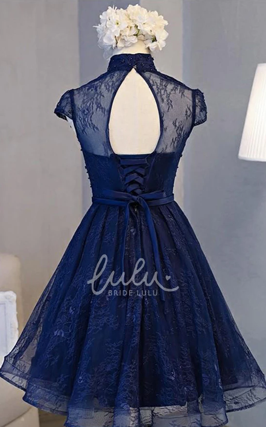 Short Sleeve Lace A-Line Homecoming Dress with Keyhole and Sash Casual Formal Dress