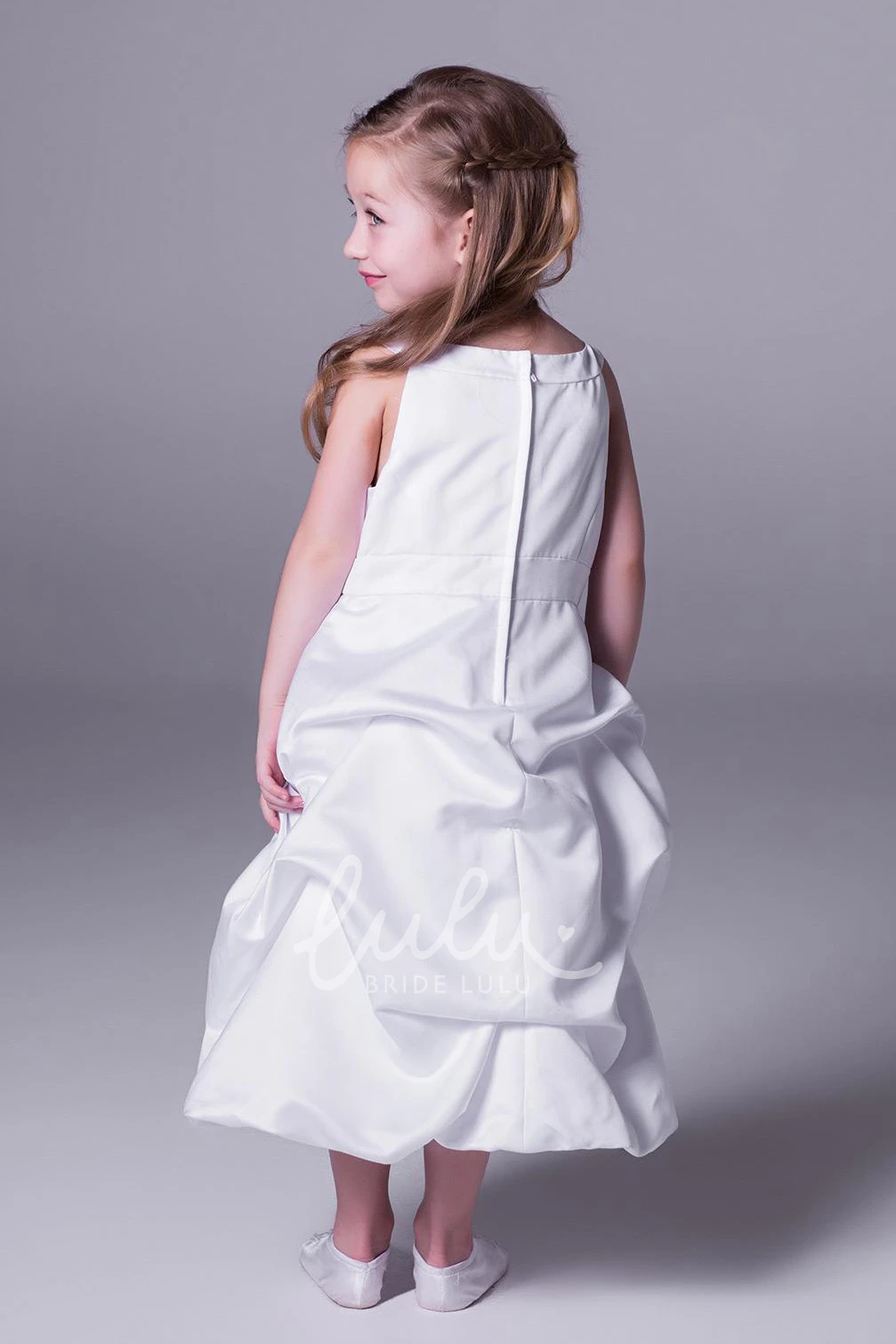 Satin A-Line Pick-Up Flower Girl Dress Scoop-Neck Sleeveless Tea-Length