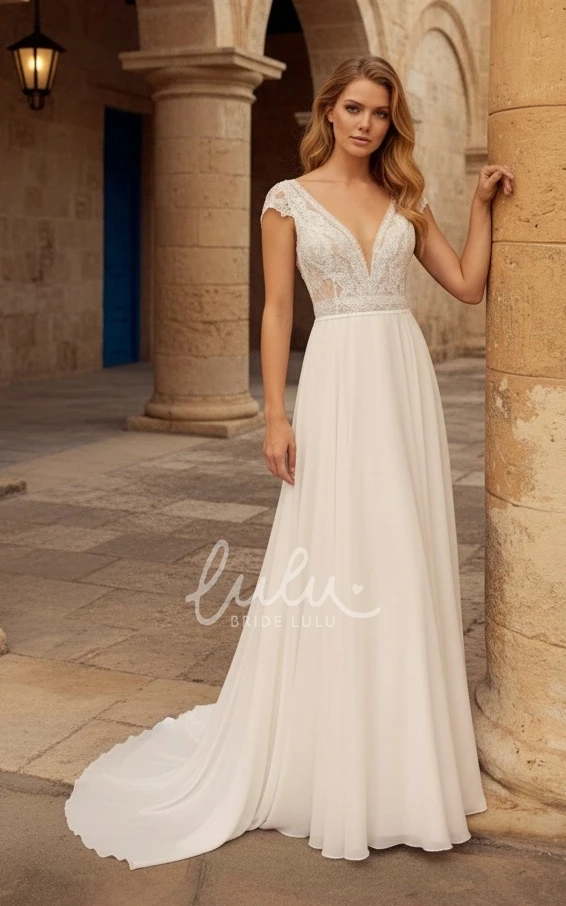 Sexy Ethereal A-Line Lace Appliques Chiffon Wedding Dress with Plunging Neckline Deep-V Back for Beach Ceremony