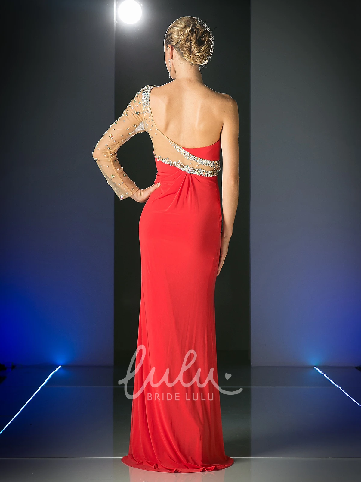 Illusion One-Shoulder Long Sleeve Formal Dress with Beading and Split Front
