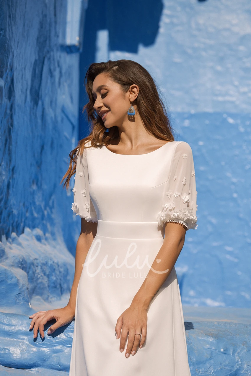 Floral Chiffon Puff Half Sleeve Bateau Wedding Dress with Deep V-back