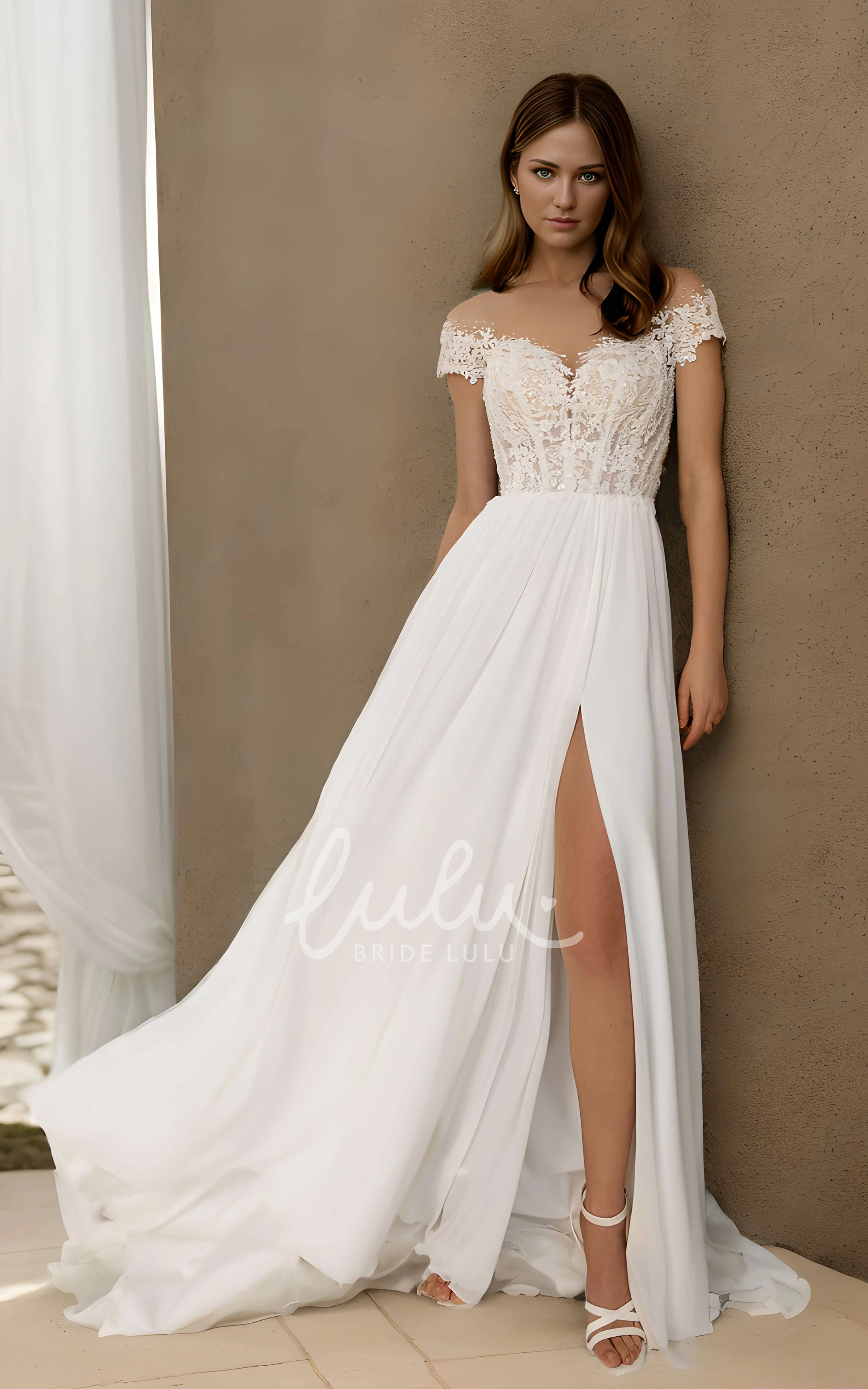 Bohemian Sexy A-Line Lace off Shoulder Wedding Dress Sparkly Floral Sequin Side Slit Bridal Gown