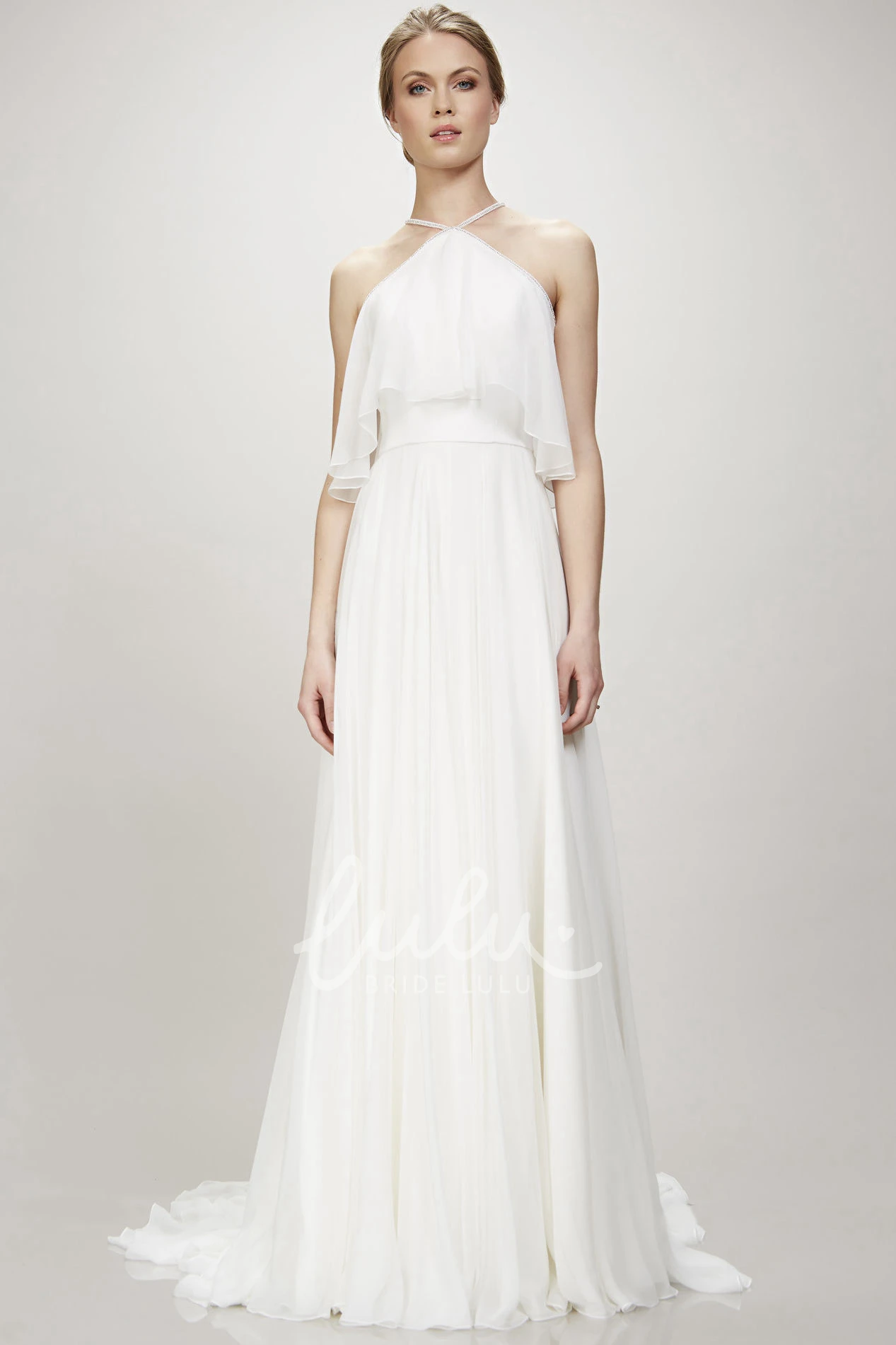 Pleated Chiffon Halter Wedding Dress with Court Train Flowy & Modern