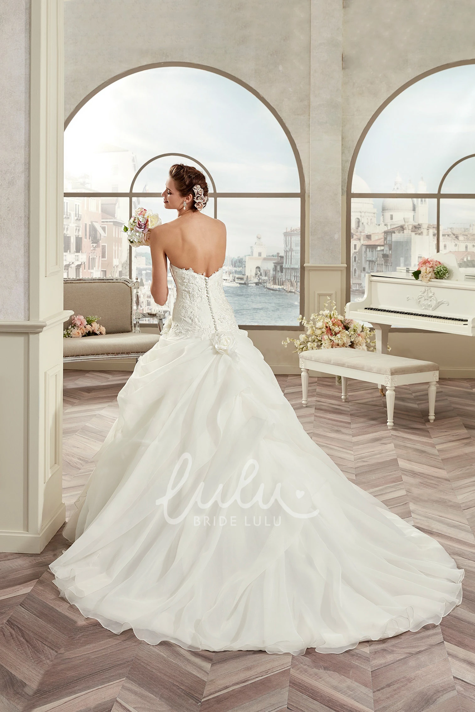 Floral A-Line Wedding Dress with Side Ruffles and Open Back