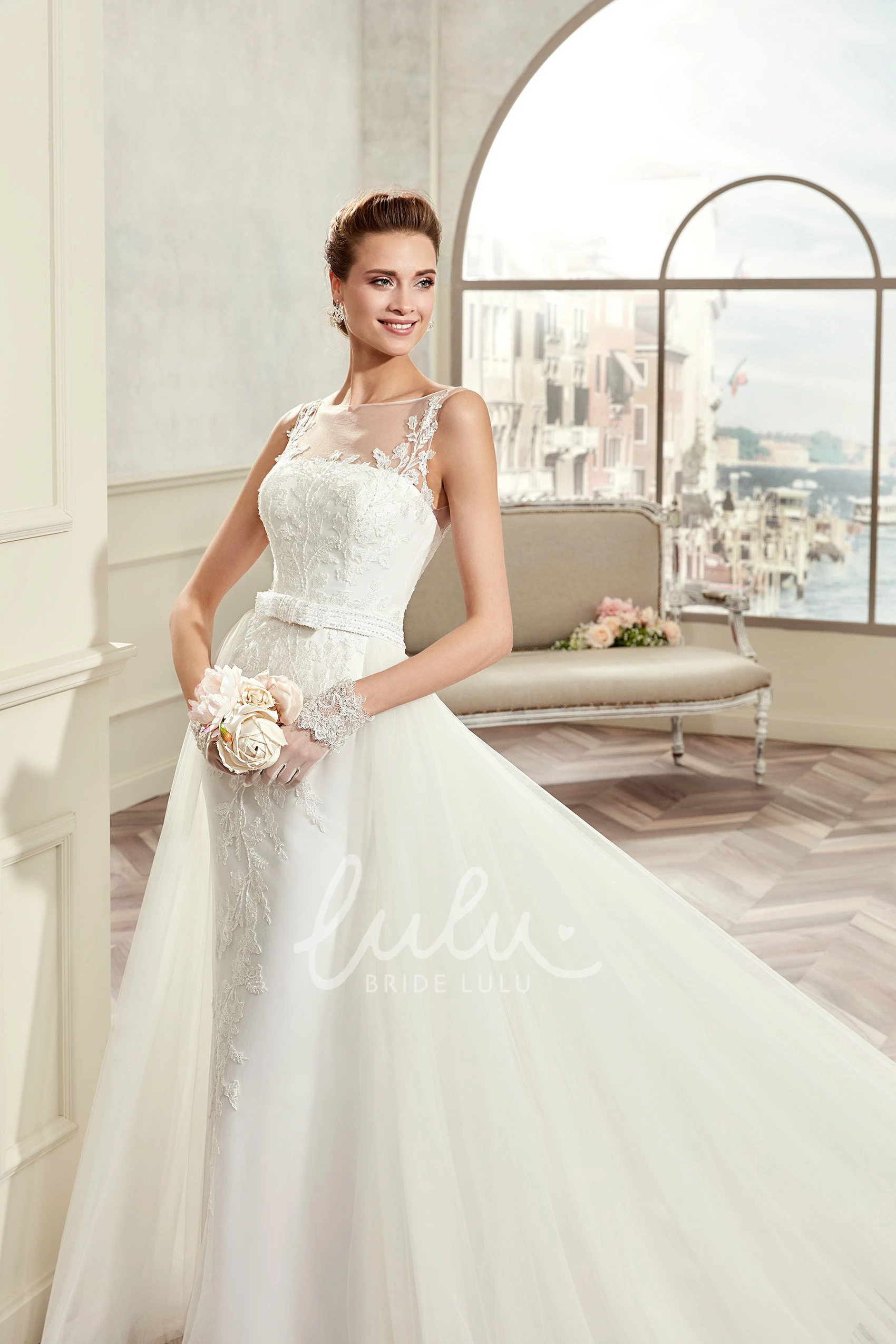 Lace A-Line Wedding Dress with Cap Sleeves and Brush Train Illusive Design