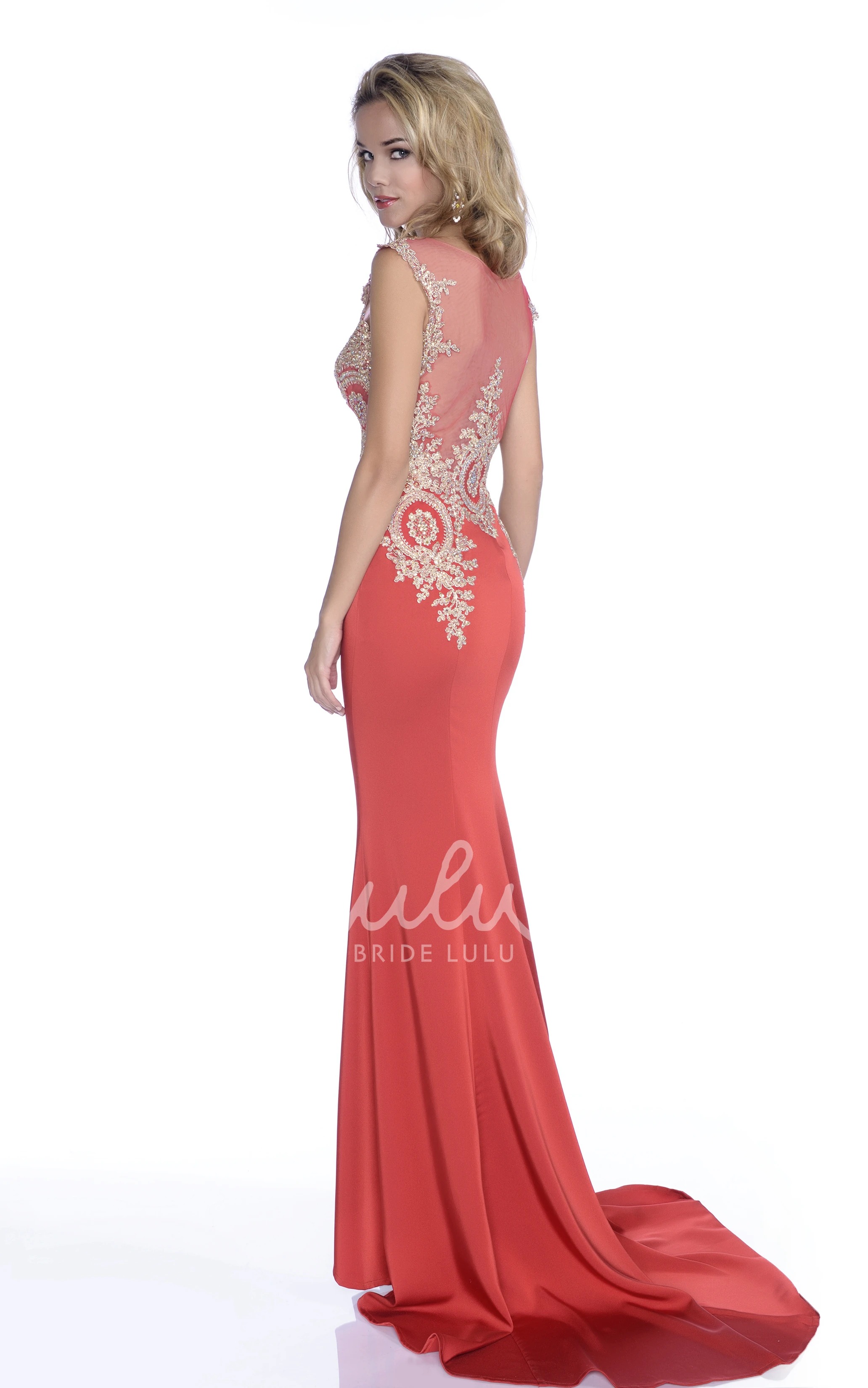 Rhinestone Bodice Sleeveless Sheath Prom Dress with Illusion Back Elegant Formal Dress