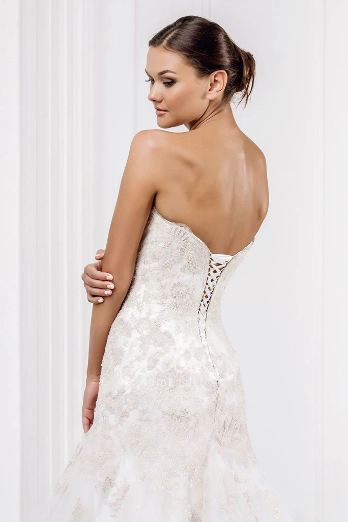 Appliqued Tulle Strapless Wedding Dress with Corset Back and Brush Train Flowy Wedding Dress