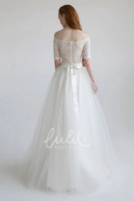 Ball Gown Tulle Satin Spring Wedding Dress Appliqued Off-The-Shoulder Bow