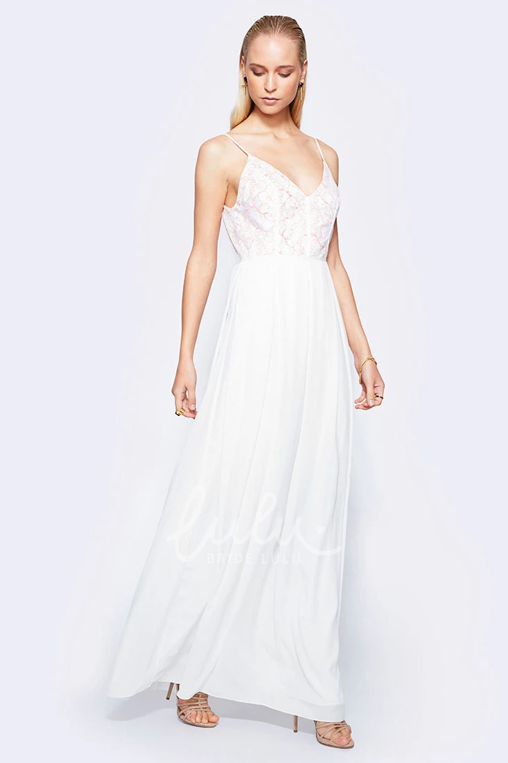 V-Back Spaghetti Lace Chiffon Wedding Dress in Ankle-Length