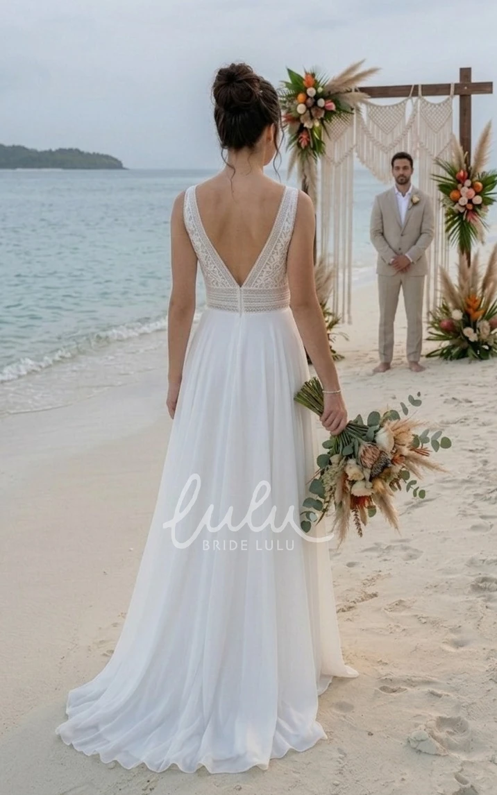 Boho A-Line V Neck Chiffon Summer Wedding Dress Beach without Sleeves