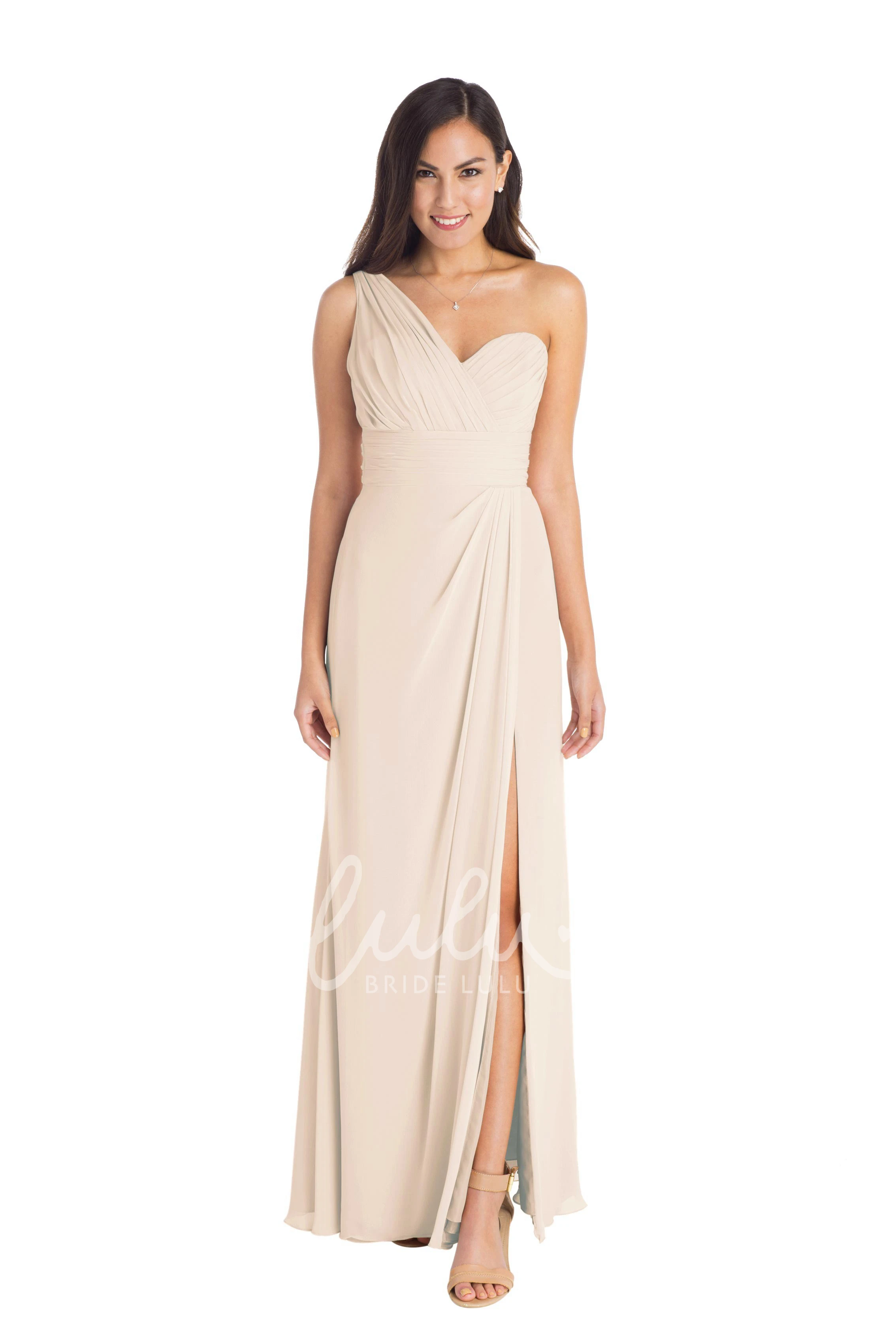 One-Shoulder Chiffon Bridesmaid Dress Ruched Sleeveless Multi-Color Split Front