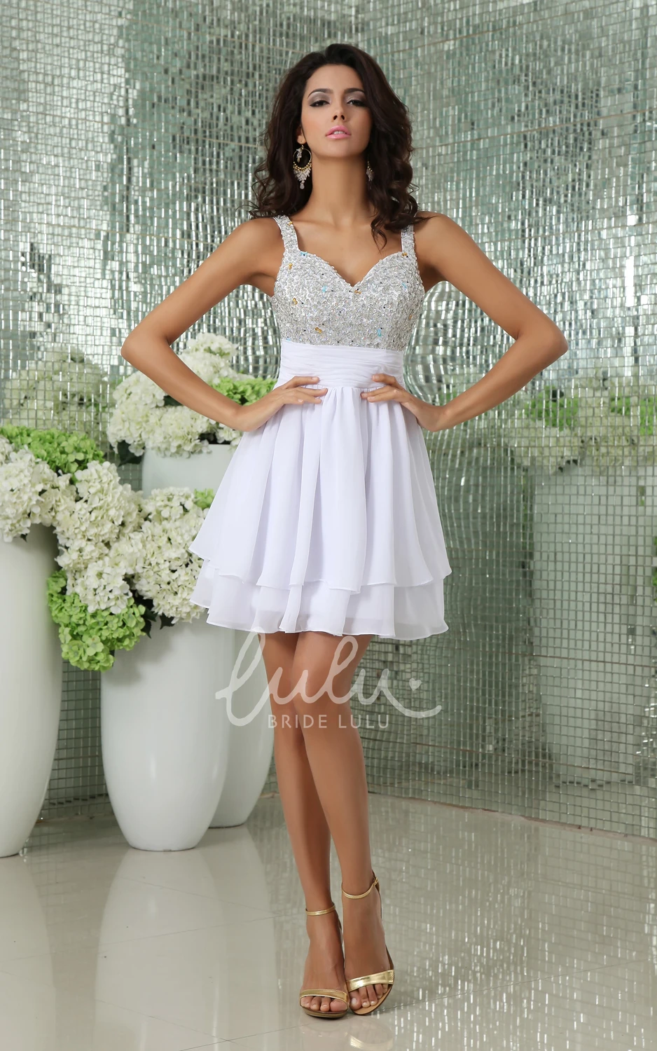 Short Sparkly Soft Flowing Fabric V-Neck Dress With Draping And Crystal Detailing
