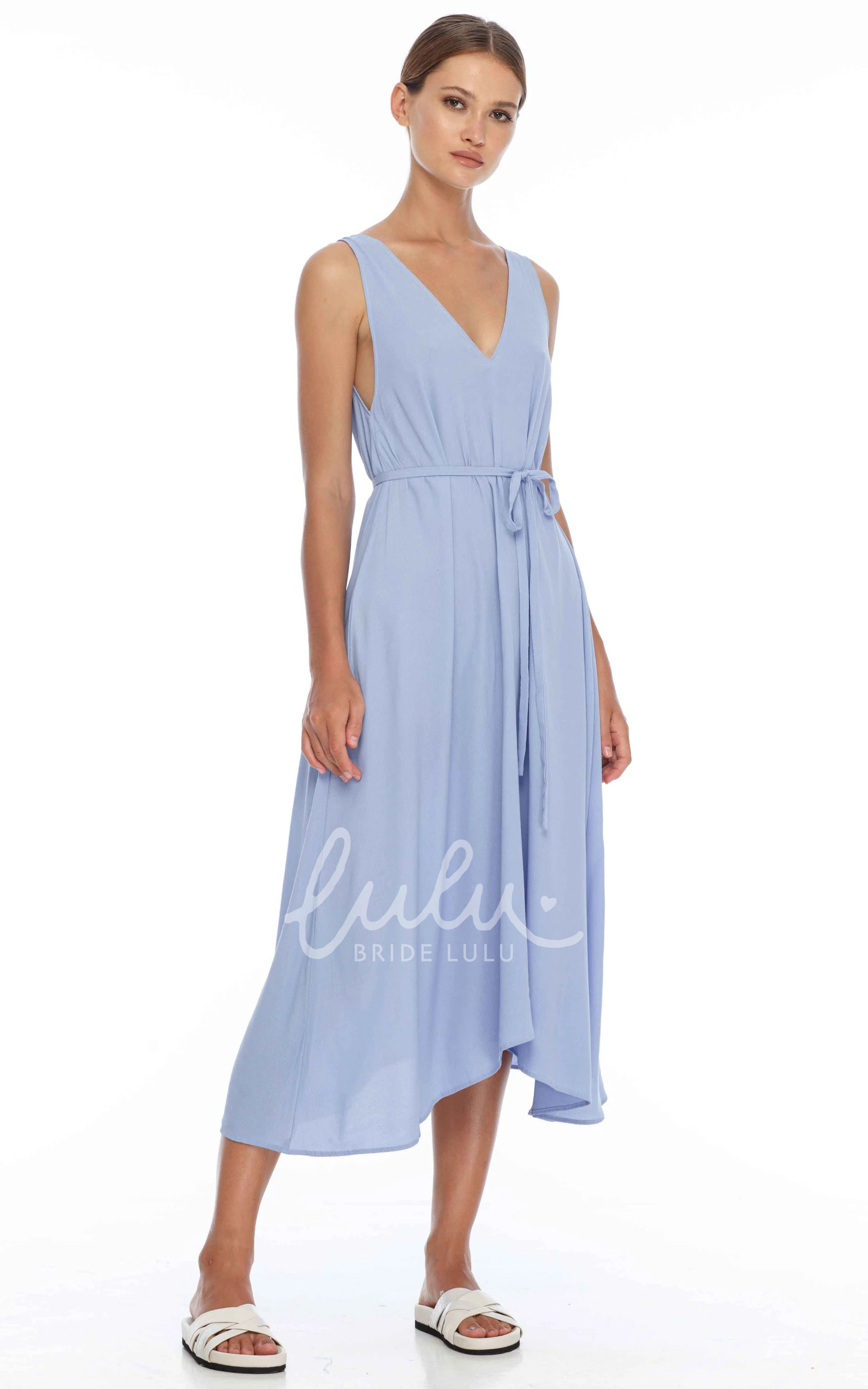 Charmeuse V-neck Bridesmaid Dress with Low-V Back and Sash Casual Bridesmaid Dress