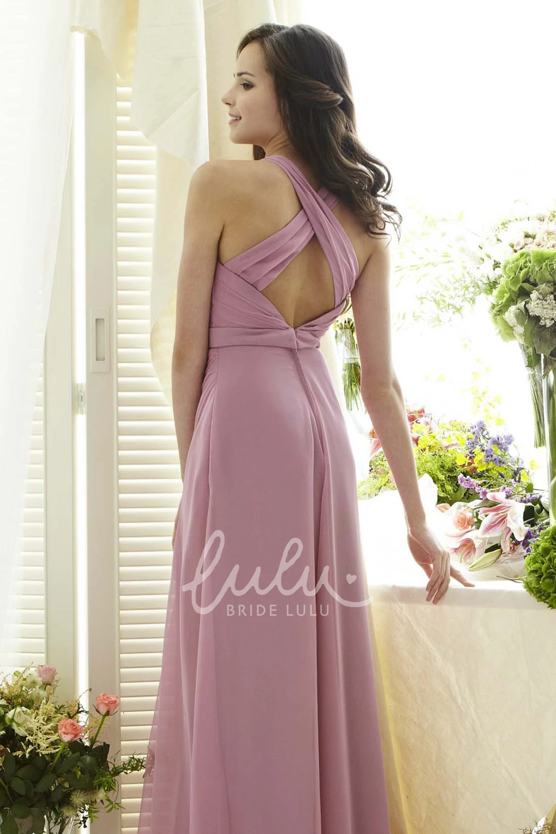 Halter Chiffon Bridesmaid Dress with Keyhole Floor-Length Criss-Cross