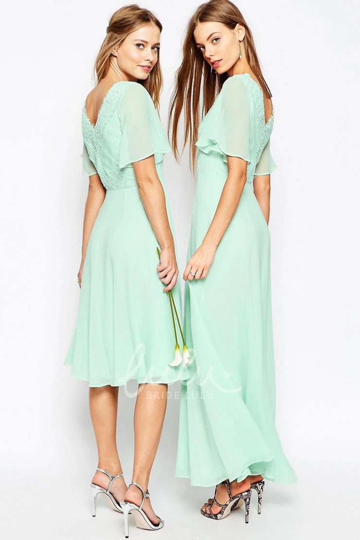 Poet Sleeve V-Neck Chiffon Bridesmaid Dress With Lace Knee-Length Ruched