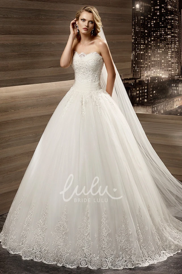 Applique A-Line Bridal Gown with Pleated Waist and Lace-Up Back