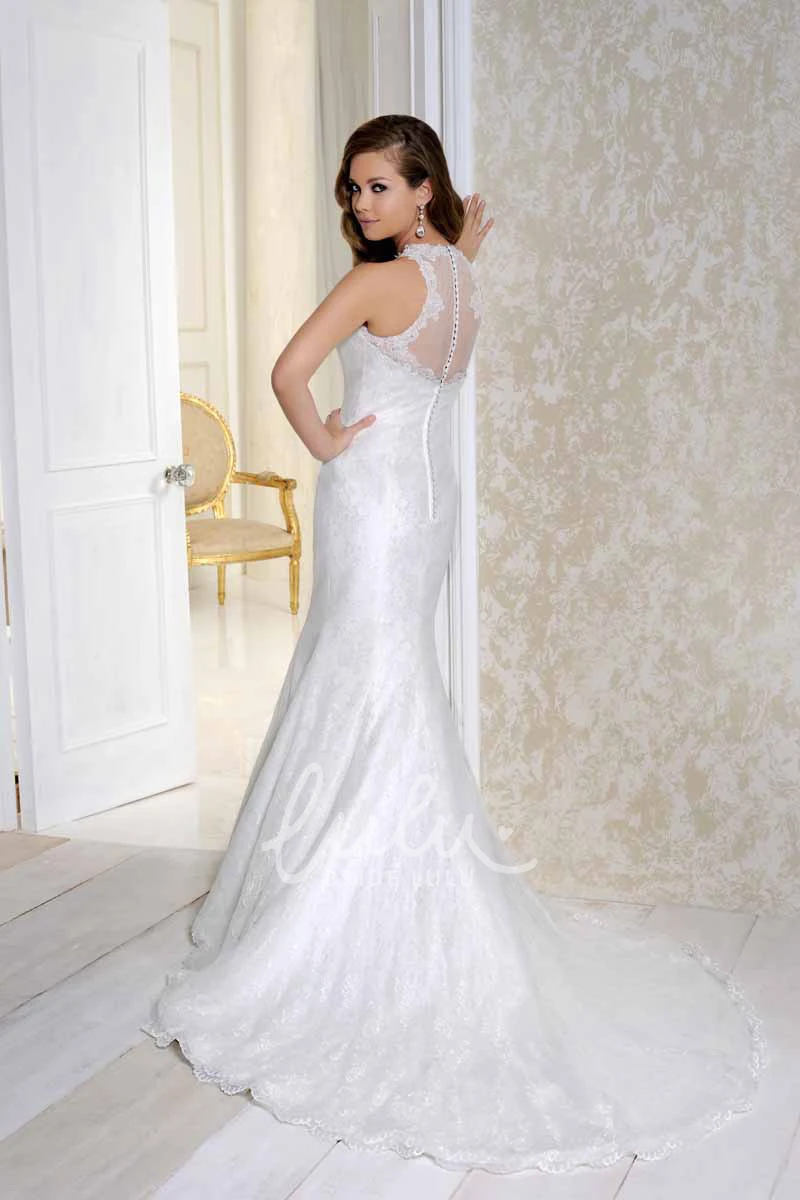 High Neck Satin Wedding Dress with Court Train and Illusion Chic Bridal Gown