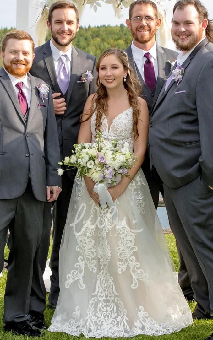 Vintage A-Line Tulle Wedding Dress with V-Neck and Chapel Train Elegant Wedding Dress