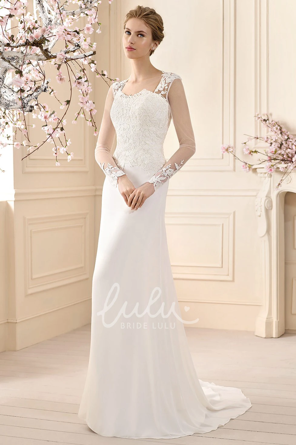 Long-Sleeve Chiffon Sheath Wedding Dress With Appliques and Floor-Length