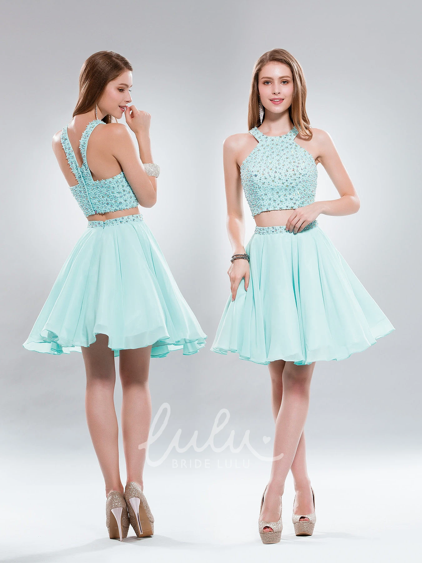 Two-Piece Chiffon Beaded Dress with A-Line Mini Skirt and Scoop Neck