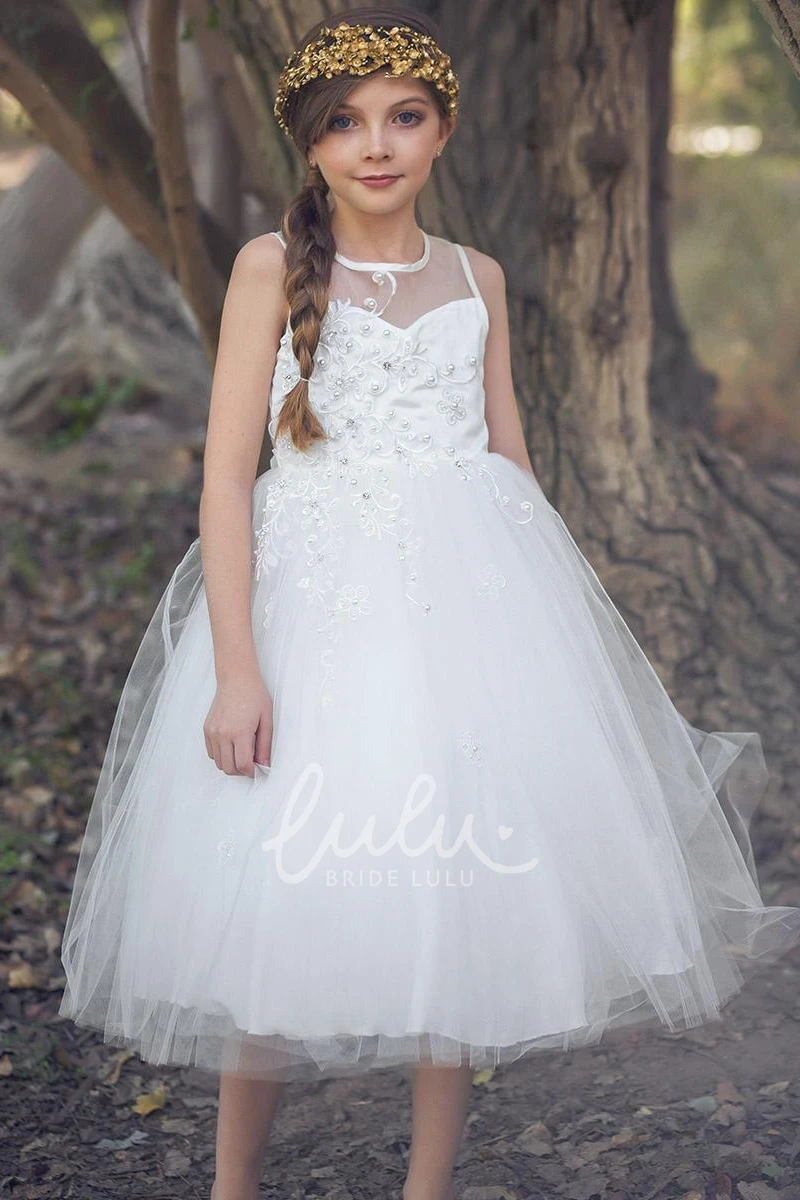 Beaded Tiered Tea-Length Satin&Tulle Flower Girl Dress