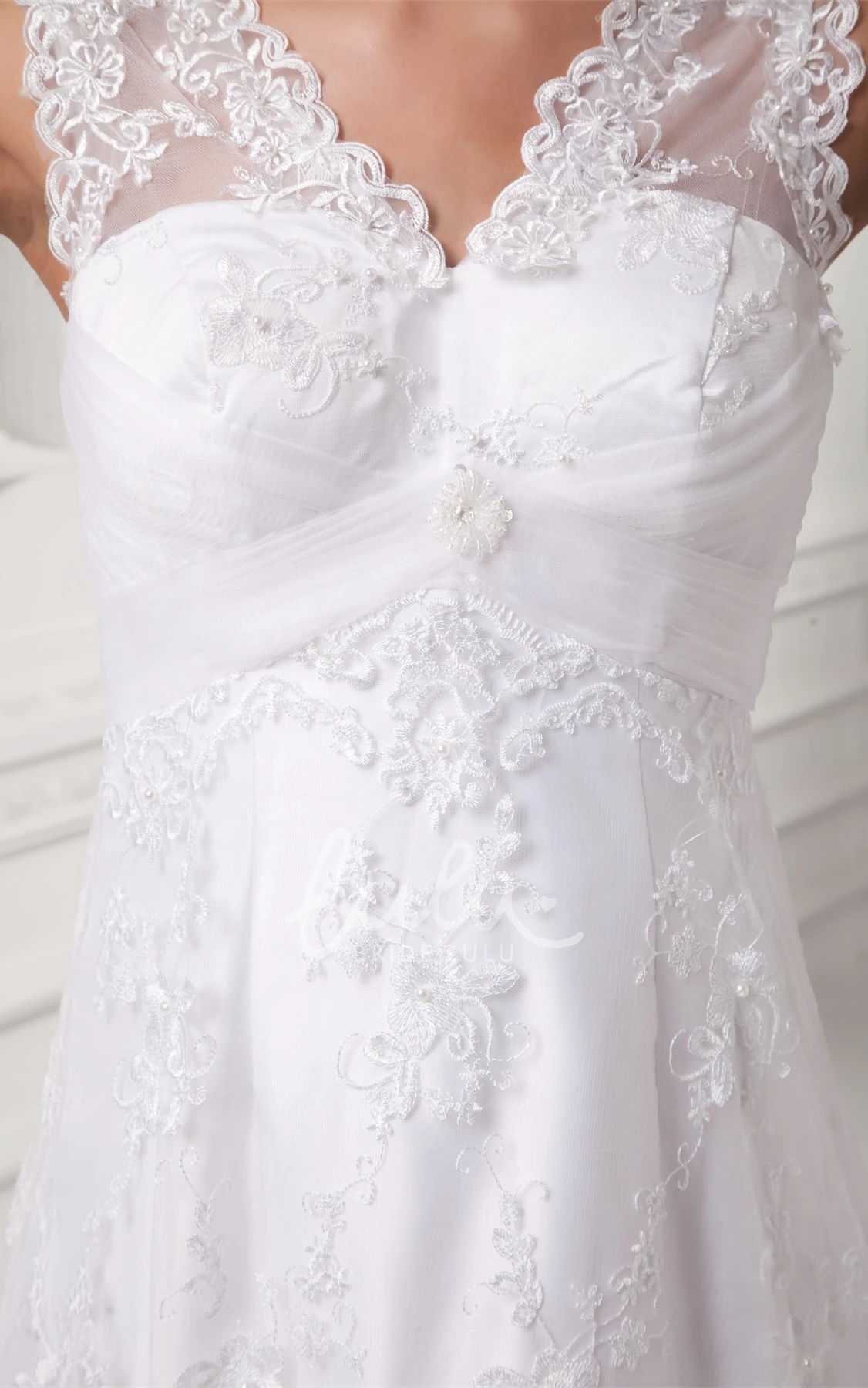 Lace A-line Wedding Gown with V-neck and Low-v Back Modern Bridal Dress