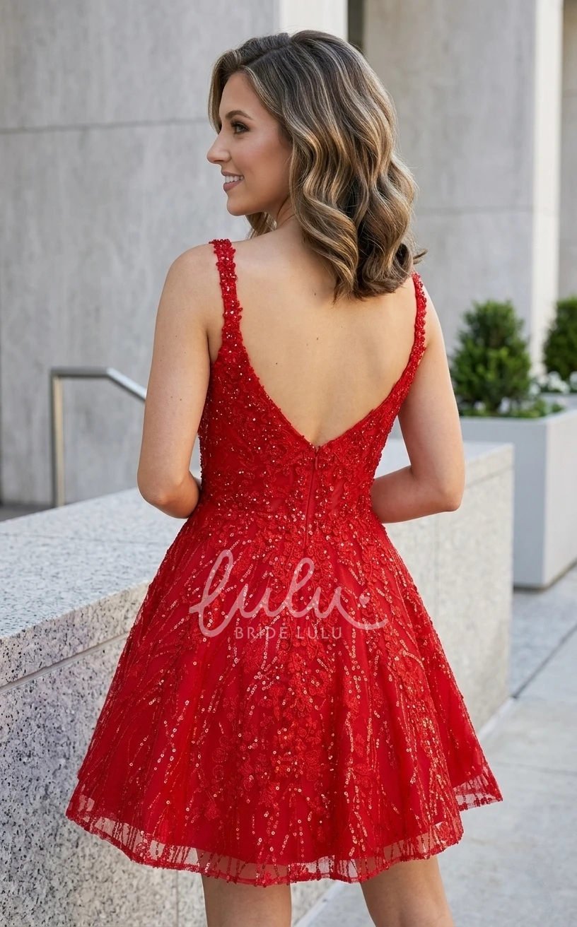 Sparkly Sequins Red Short A-Line Homecoming Dress Mini Shiny Pretty Square Neck Sleeveless Party Dress with Pockets