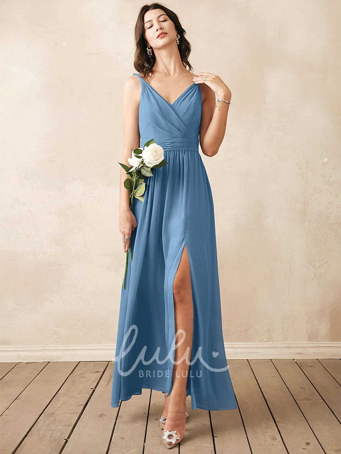 V-Neck Chiffon Ankle-Length Bridesmaid Dress with Ruching Sexy & Elegant