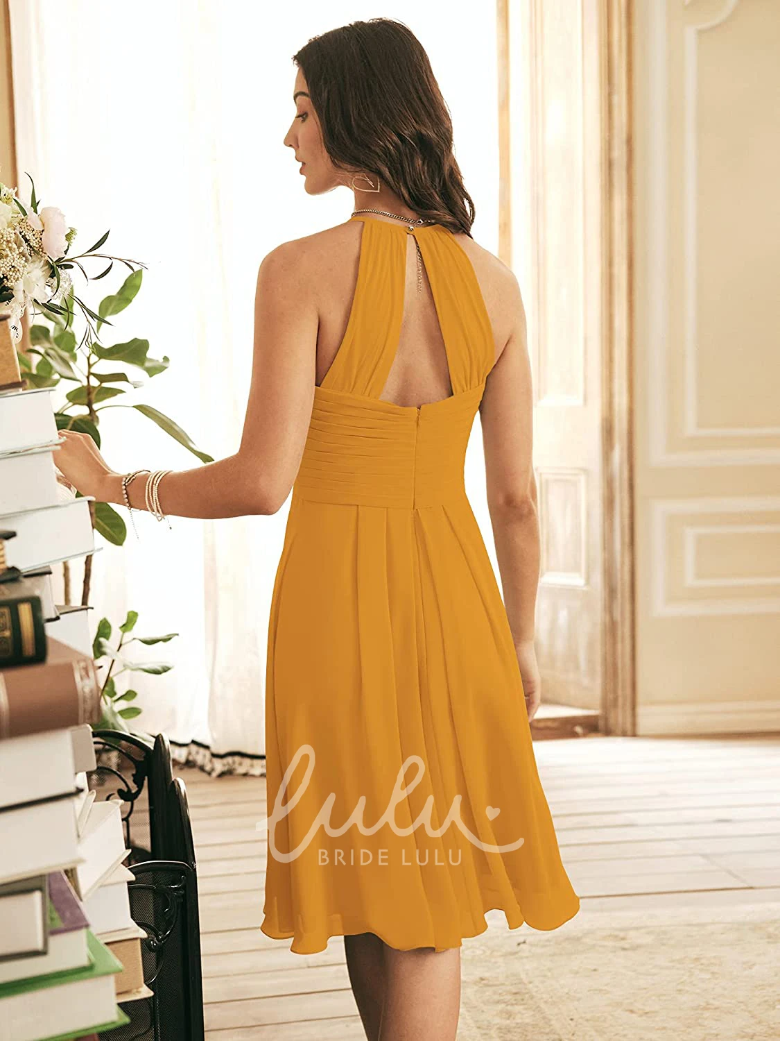 Chiffon Halter A-line Bridesmaid Dress with Criss Cross Informal Knee-length