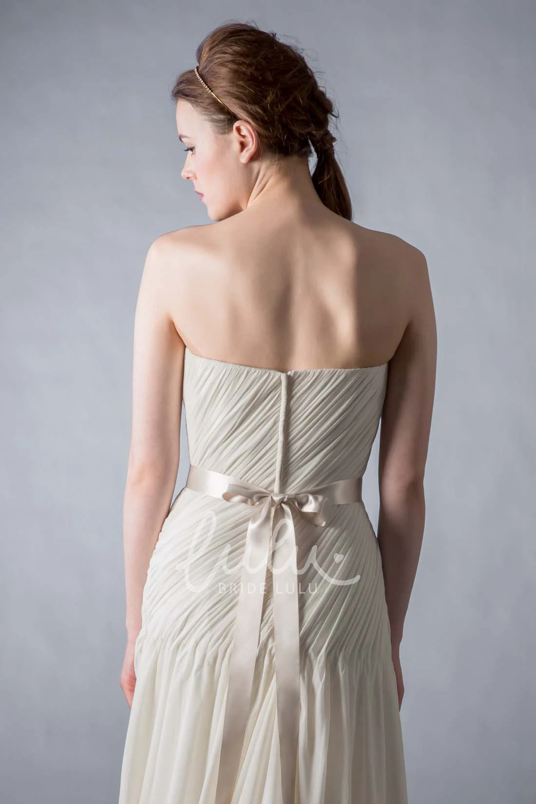 Chiffon Wedding Dress Maxi Strapless Ruched Bowed Sweep Train