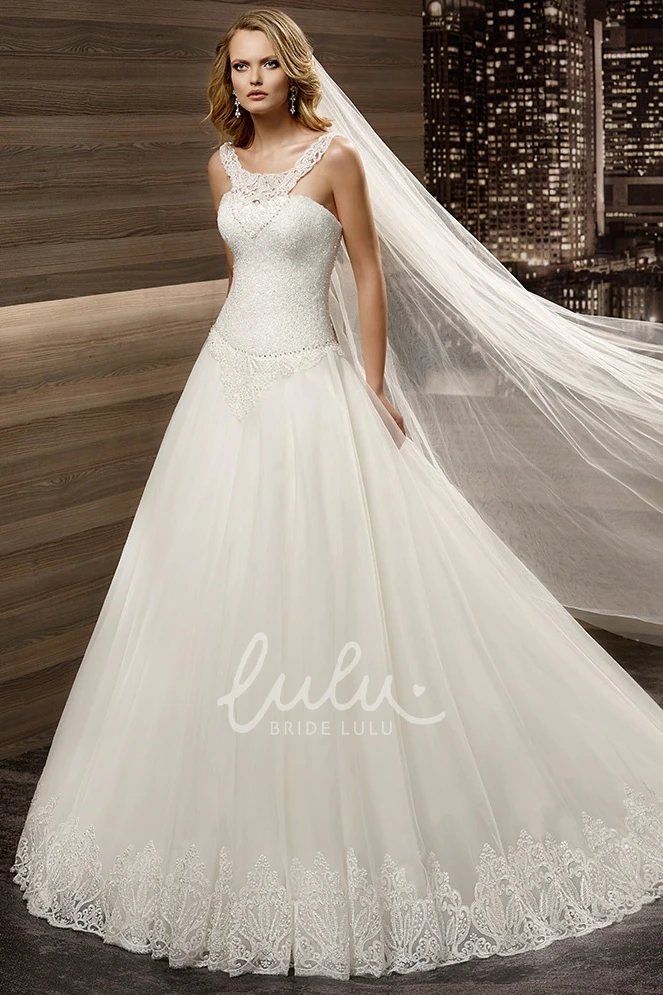 A-line Wedding Dress with Scooped-neck and Brush Train Lace-up Back