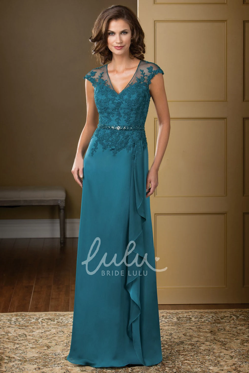 V-Neck Long Gown with Ruffles Crystals and Cap Sleeves