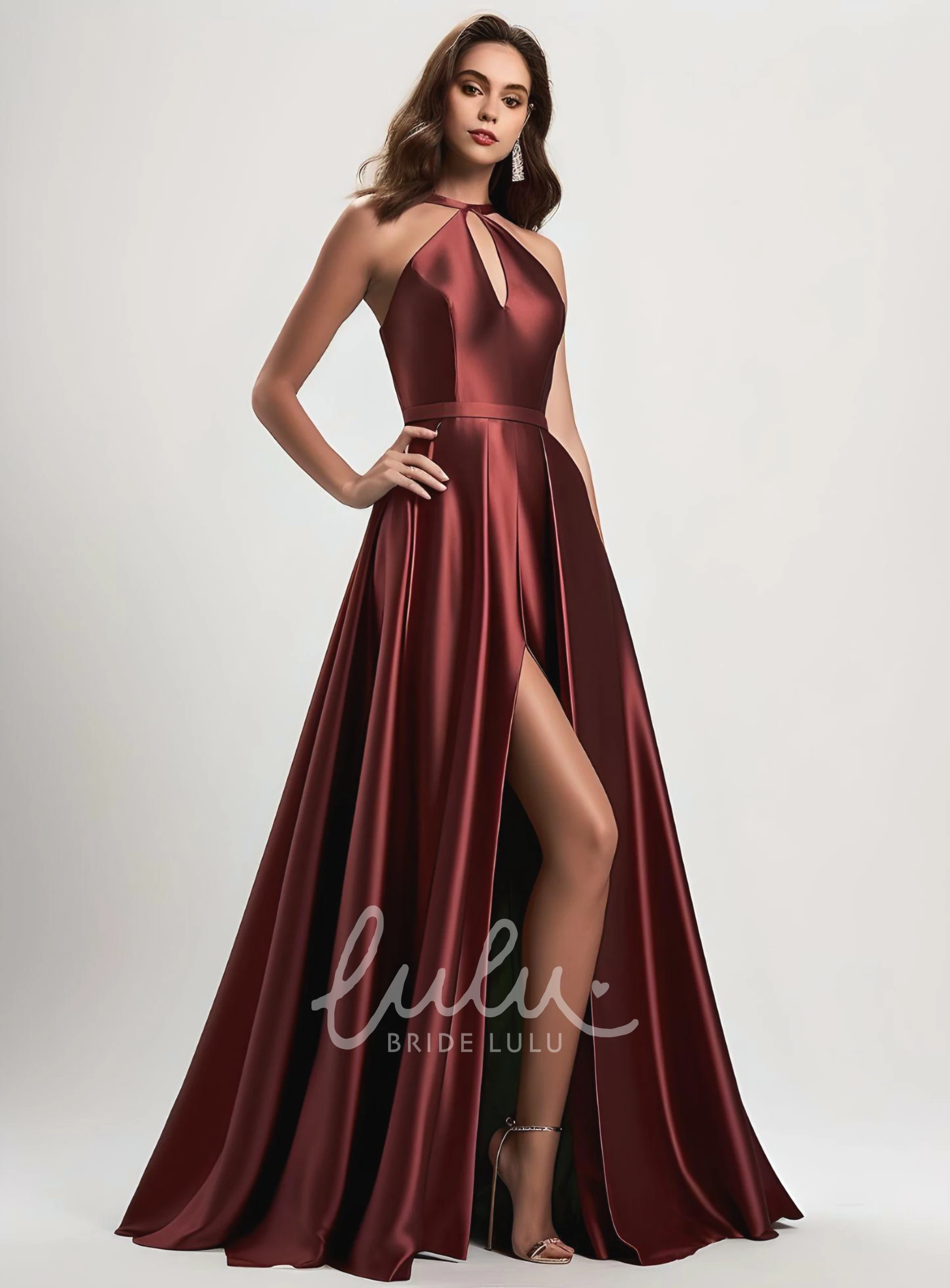 Satin A-Line Halter Sleeveless Prom Dress with Front Split and Train Modern & Ethereal Prom Dress