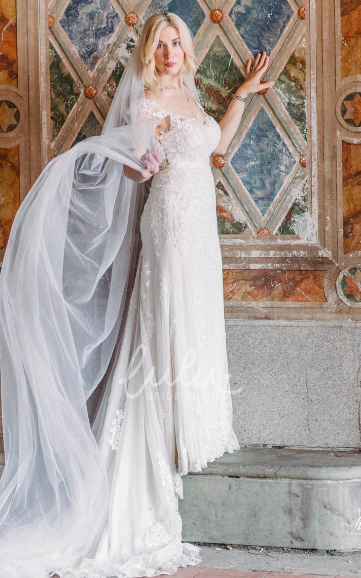 Adorable Sheath Off-the-shoulder Lace Tulle Wedding Dress With Appliques