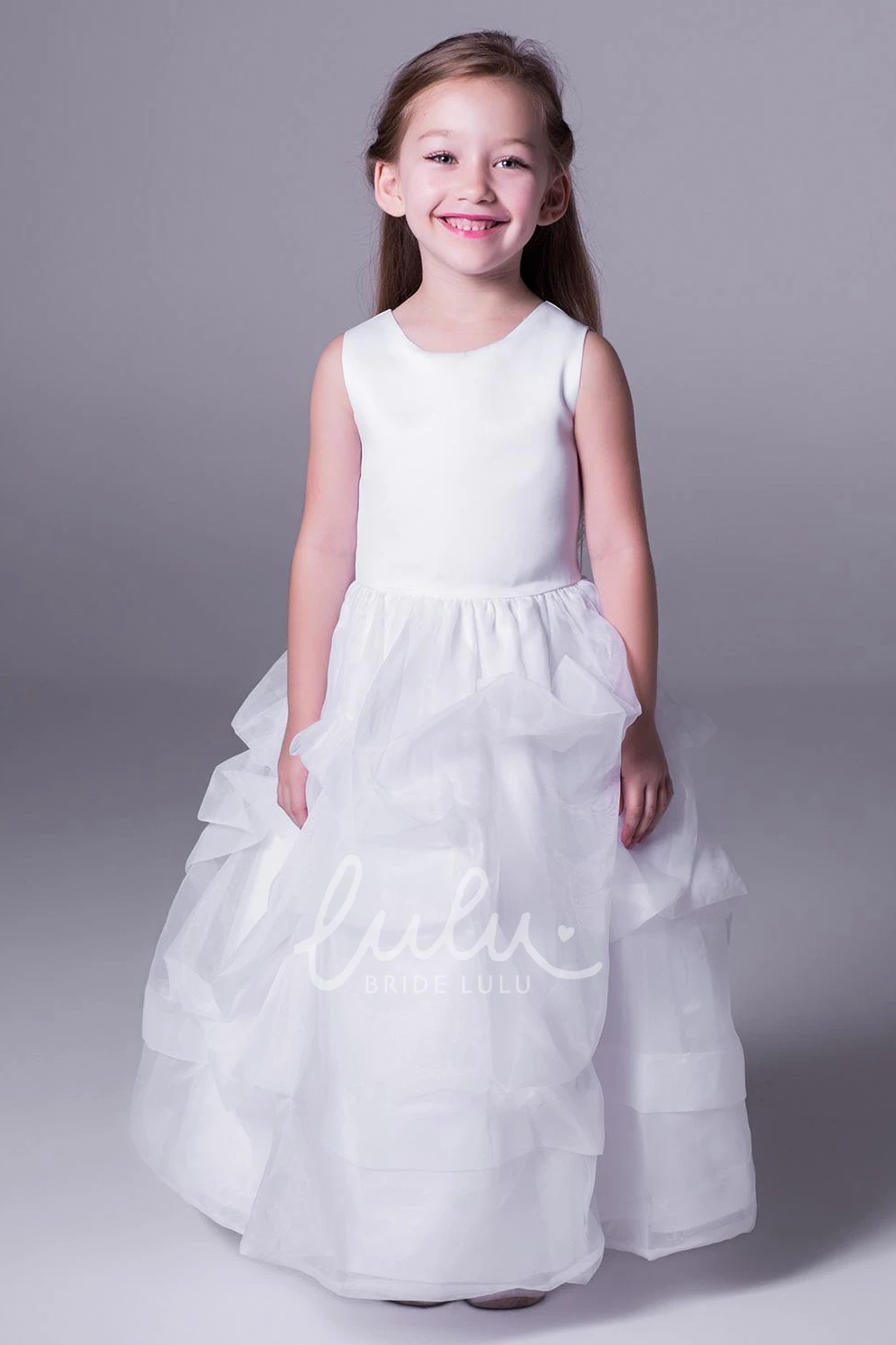 Pick-Up Satin A-Line Flower Girl Dress Scoop-Neck Sleeveless Floor-Length