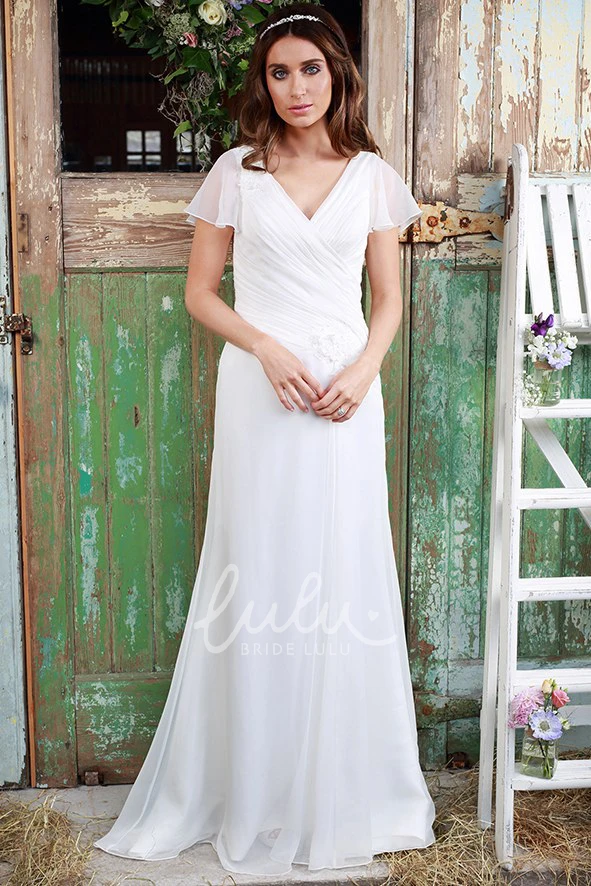 Criss Cross Chiffon Wedding Dress Sheath V-Neck Poet Sleeves