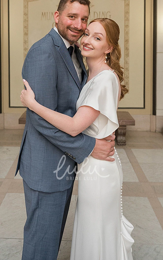 Simple White Bat Sleeve Casual Plunging Neckline Sheath Winter Wedding Dress with Long Train